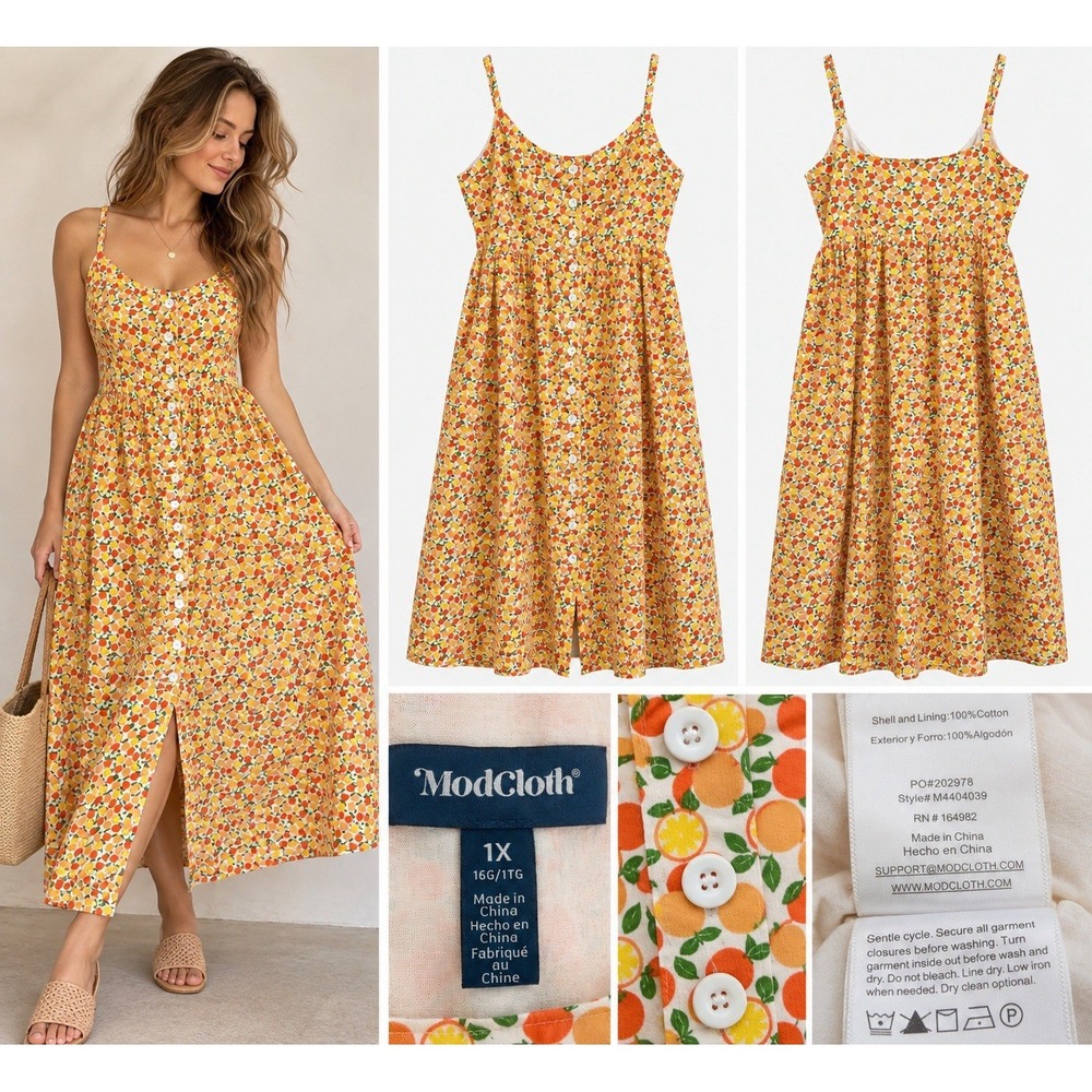 ModCloth Dress 1X Orange Citrus Fruit Print Cotton Midi Sundress Cottagecore